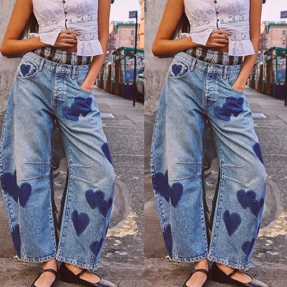 Jeans Women Print Long Pants Casual Loose Denim Blue - Picture 2 of 5